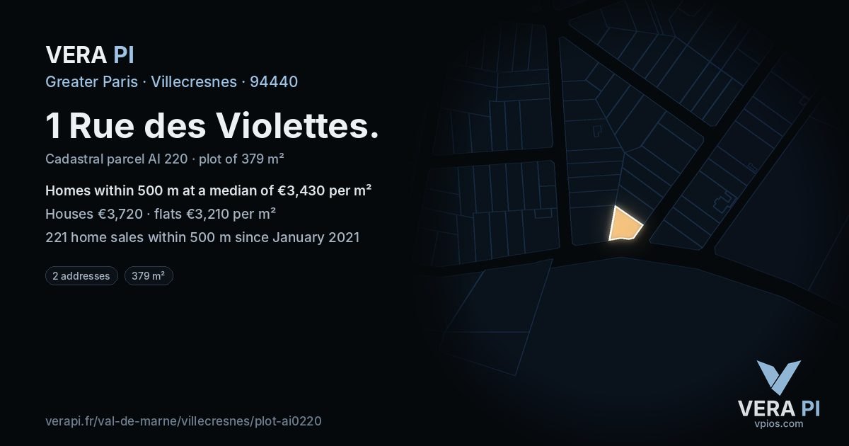 1 Rue des Violettes, Villecresnes at night – the plot lit, the parcels around coloured by the prices near them