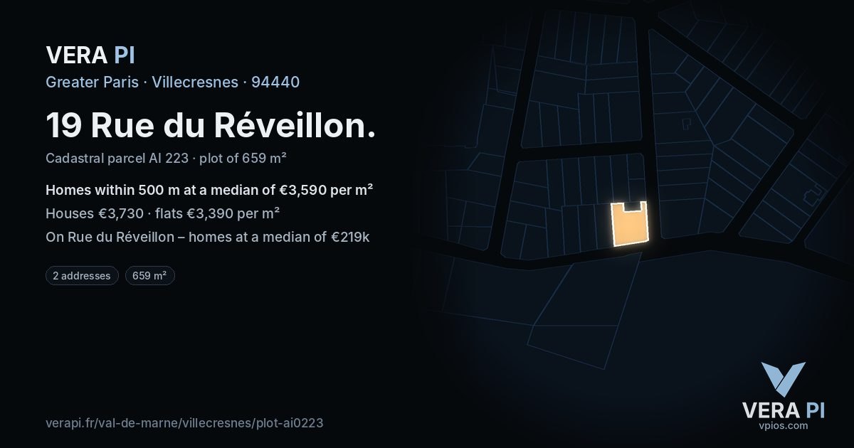 19 Rue du Réveillon, Villecresnes at night – the plot lit, the parcels around coloured by the prices near them