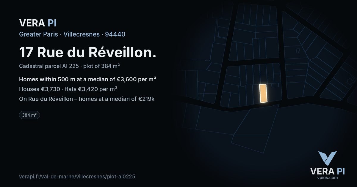 17 Rue du Réveillon, Villecresnes at night – the plot lit, the parcels around coloured by the prices near them