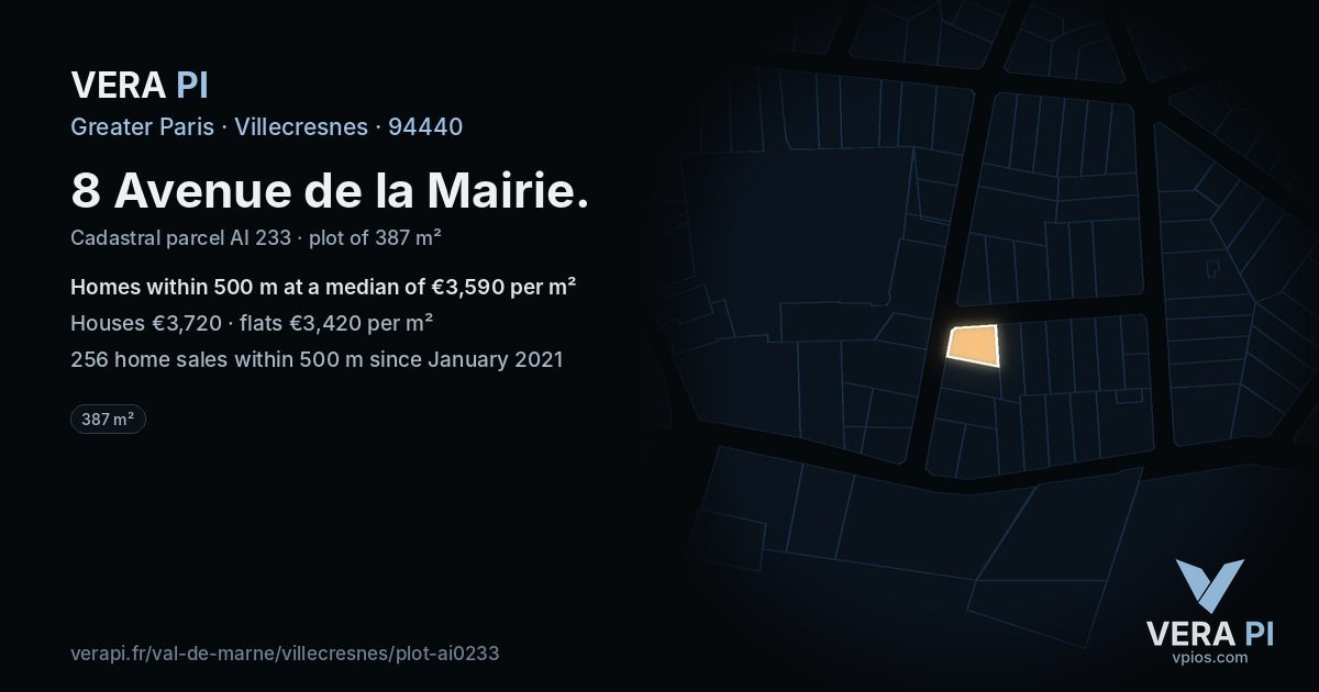 8 Avenue de la Mairie, Villecresnes at night – the plot lit, the parcels around coloured by the prices near them
