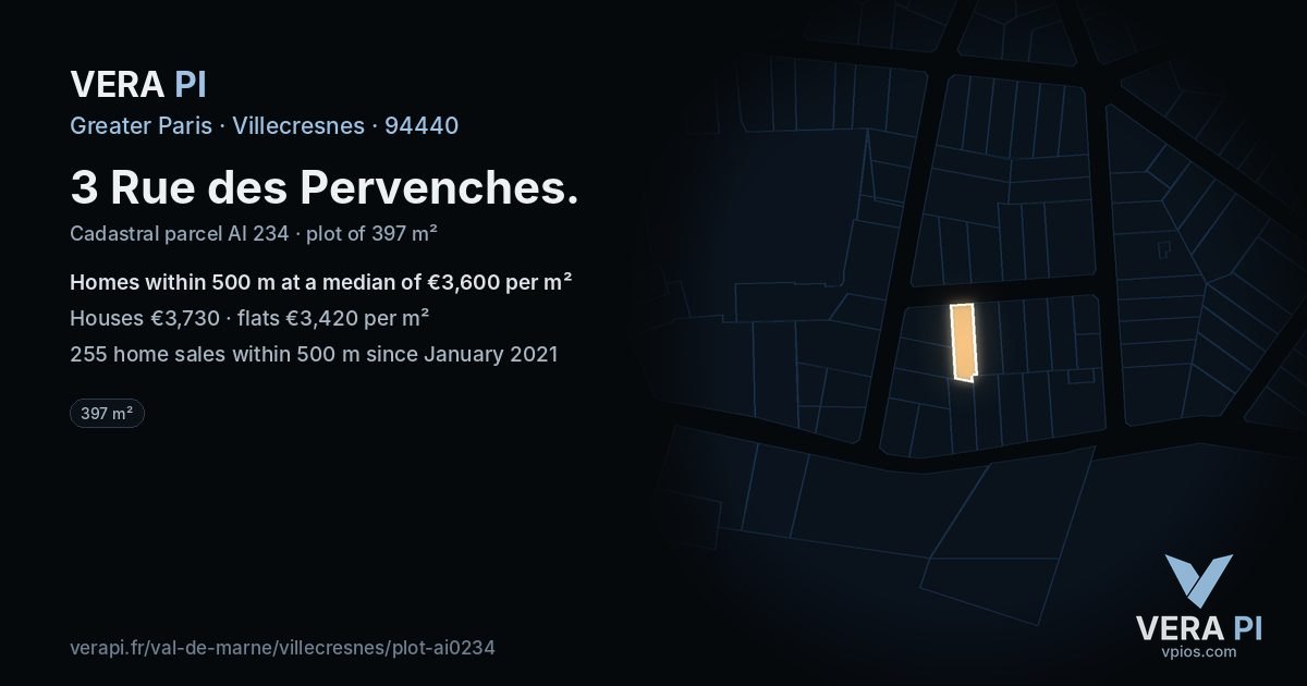 3 Rue des Pervenches, Villecresnes at night – the plot lit, the parcels around coloured by the prices near them