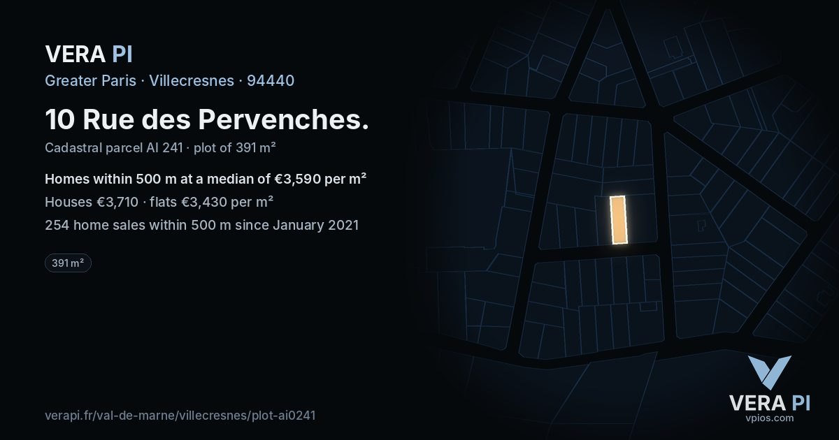10 Rue des Pervenches, Villecresnes at night – the plot lit, the parcels around coloured by the prices near them