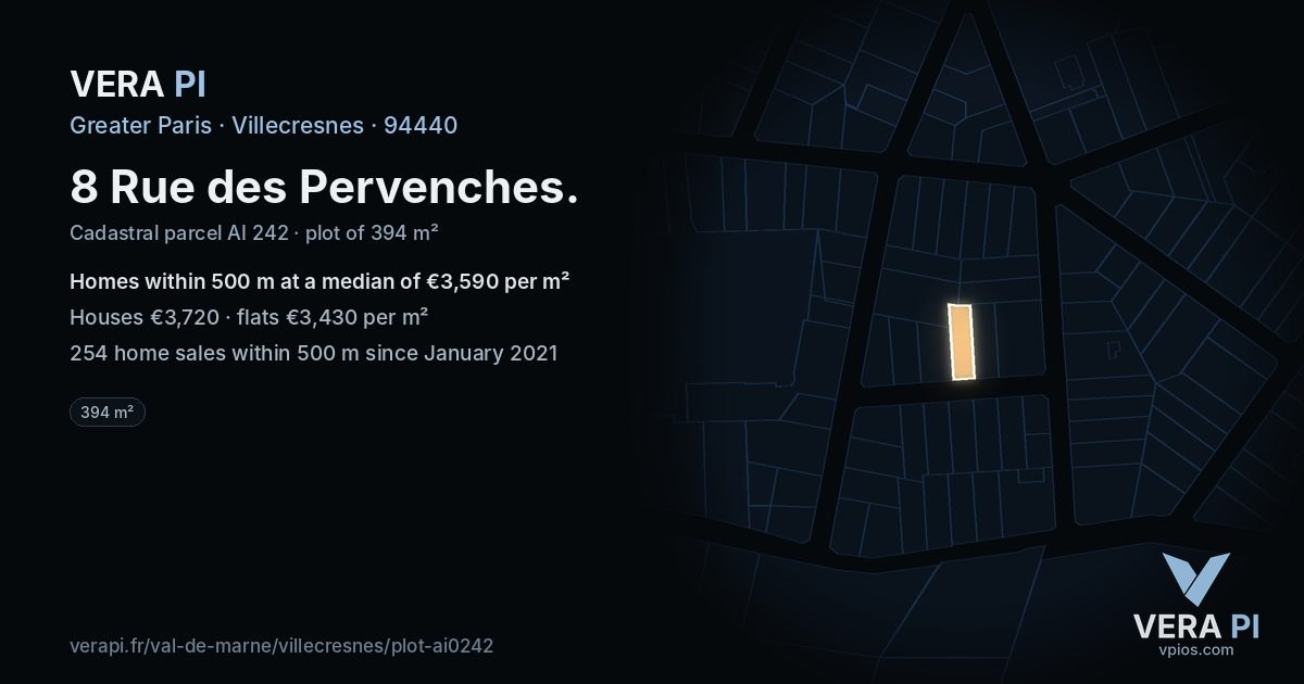 8 Rue des Pervenches, Villecresnes at night – the plot lit, the parcels around coloured by the prices near them