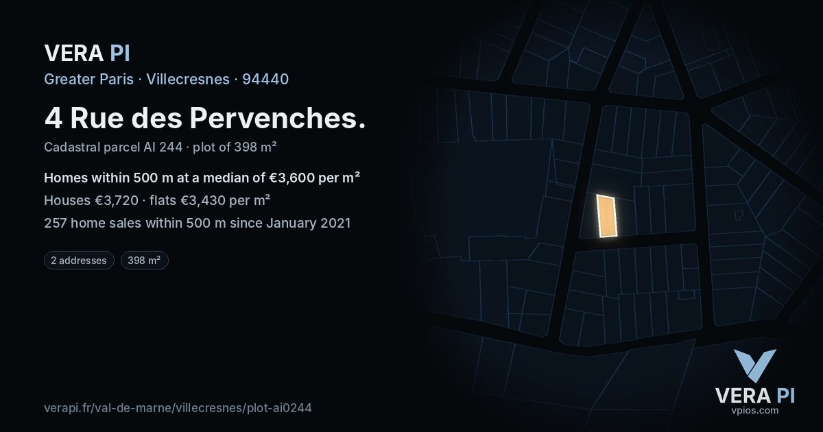 4 Rue des Pervenches, Villecresnes at night – the plot lit, the parcels around coloured by the prices near them