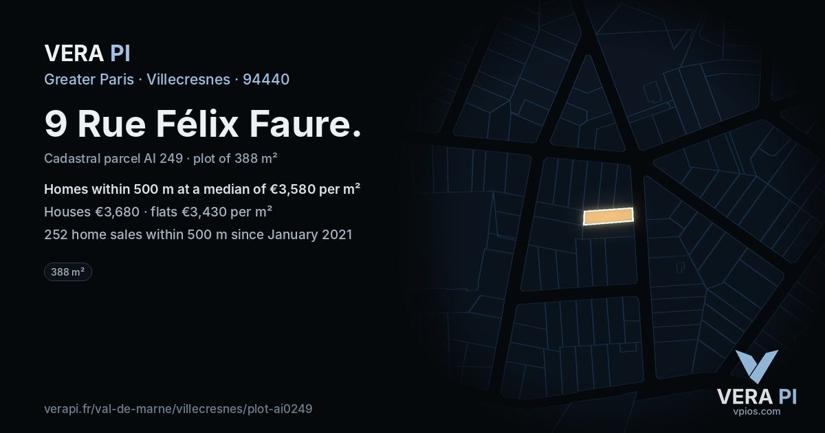 9 Rue Félix Faure, Villecresnes at night – the plot lit, the parcels around coloured by the prices near them