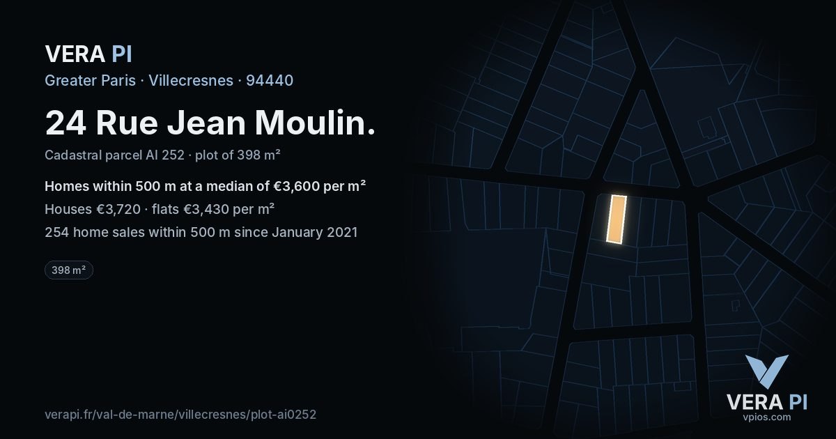 24 Rue Jean Moulin, Villecresnes at night – the plot lit, the parcels around coloured by the prices near them