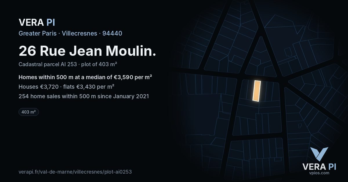 26 Rue Jean Moulin, Villecresnes at night – the plot lit, the parcels around coloured by the prices near them