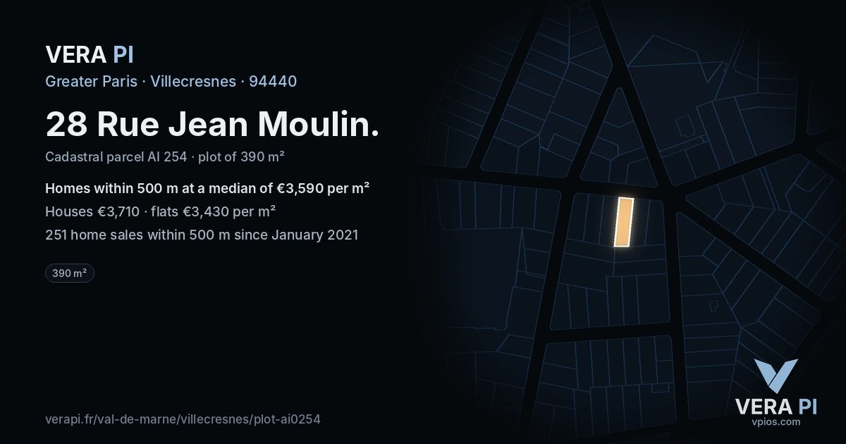 28 Rue Jean Moulin, Villecresnes at night – the plot lit, the parcels around coloured by the prices near them