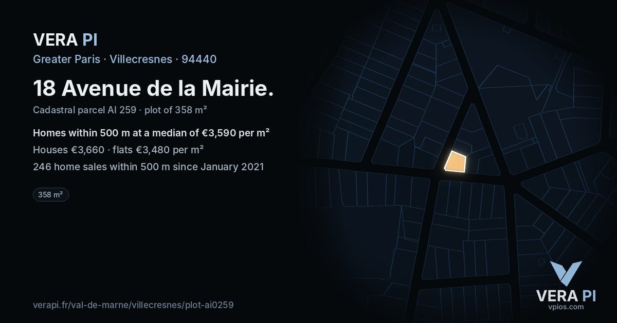 18 Avenue de la Mairie, Villecresnes at night – the plot lit, the parcels around coloured by the prices near them