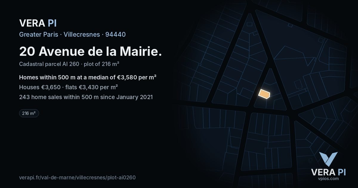 20 Avenue de la Mairie, Villecresnes at night – the plot lit, the parcels around coloured by the prices near them