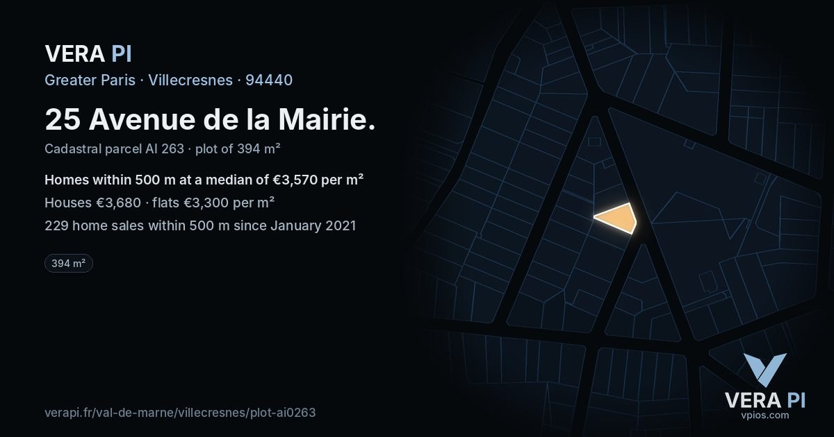 25 Avenue de la Mairie, Villecresnes at night – the plot lit, the parcels around coloured by the prices near them