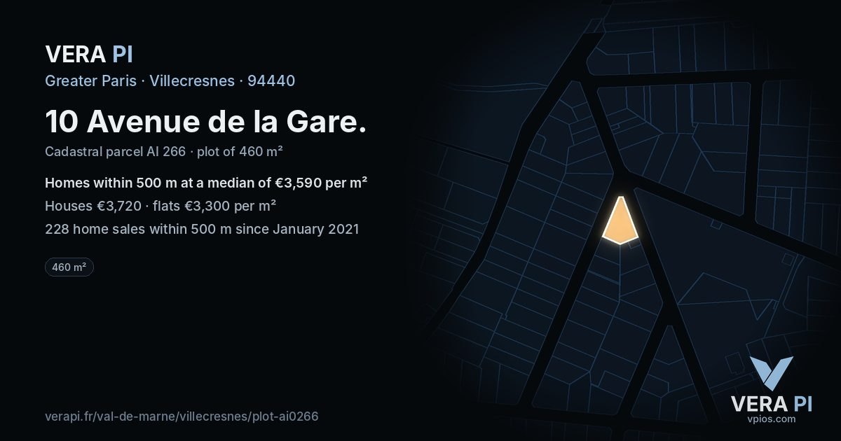 10 Avenue de la Gare, Villecresnes at night – the plot lit, the parcels around coloured by the prices near them
