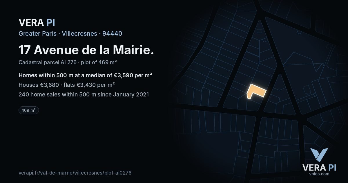 17 Avenue de la Mairie, Villecresnes at night – the plot lit, the parcels around coloured by the prices near them