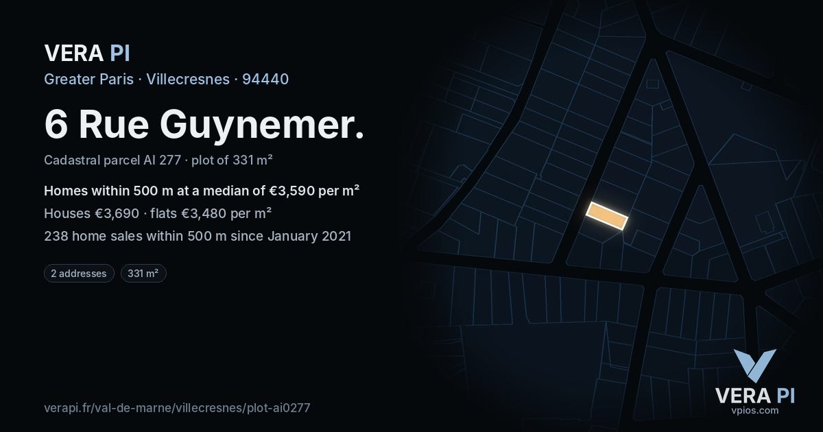 6 Rue Guynemer, Villecresnes at night – the plot lit, the parcels around coloured by the prices near them