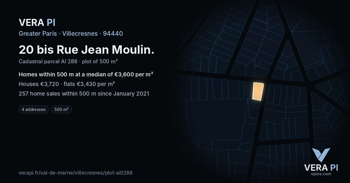 20 bis Rue Jean Moulin, Villecresnes at night – the plot lit, the parcels around coloured by the prices near them