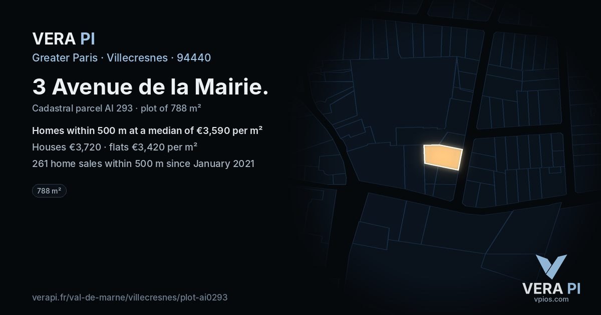 3 Avenue de la Mairie, Villecresnes at night – the plot lit, the parcels around coloured by the prices near them