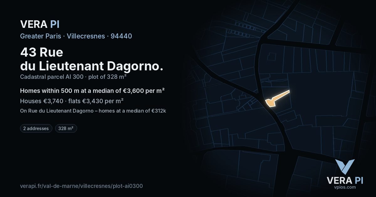 43 Rue du Lieutenant Dagorno, Villecresnes at night – the plot lit, the parcels around coloured by the prices near them