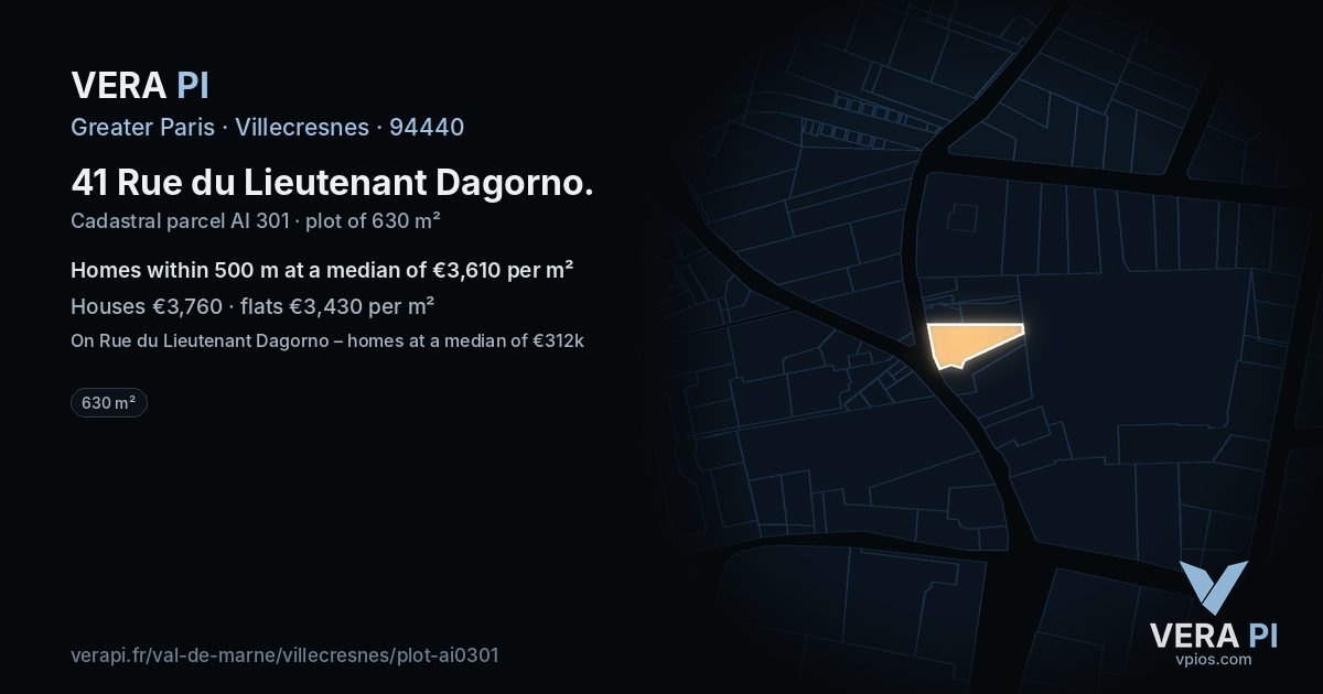 41 Rue du Lieutenant Dagorno, Villecresnes at night – the plot lit, the parcels around coloured by the prices near them