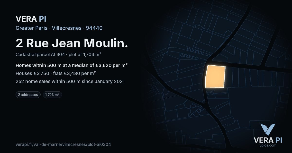 2 Rue Jean Moulin, Villecresnes at night – the plot lit, the parcels around coloured by the prices near them