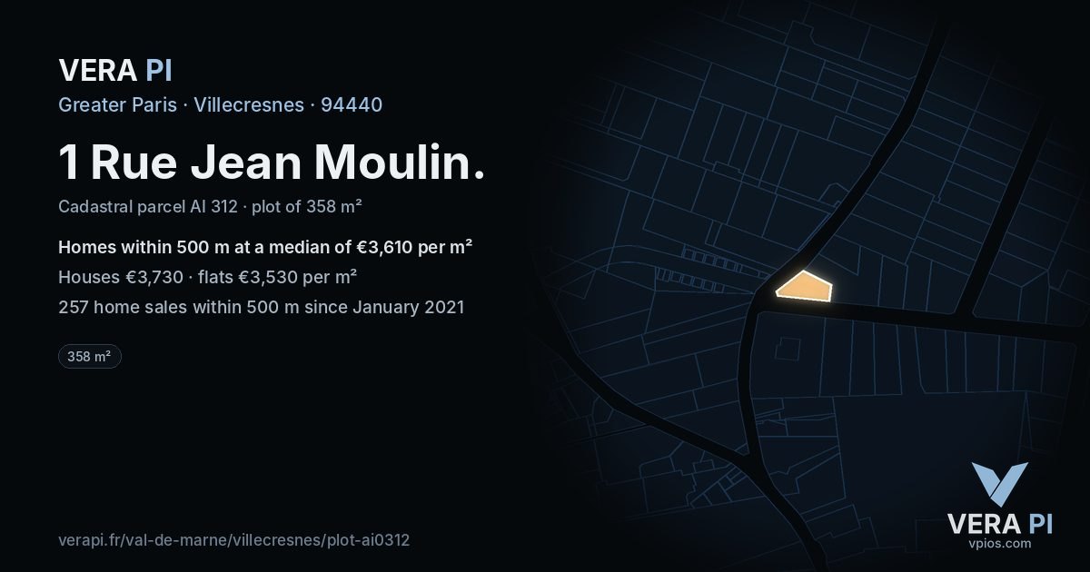 1 Rue Jean Moulin, Villecresnes at night – the plot lit, the parcels around coloured by the prices near them