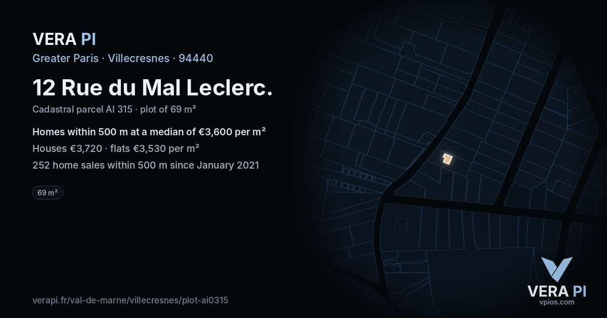 12 Rue du Mal Leclerc, Villecresnes at night – the plot lit, the parcels around coloured by the prices near them