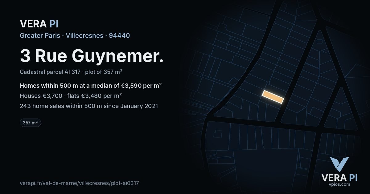 3 Rue Guynemer, Villecresnes at night – the plot lit, the parcels around coloured by the prices near them