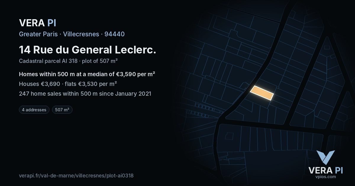 14 Rue du General Leclerc, Villecresnes at night – the plot lit, the parcels around coloured by the prices near them