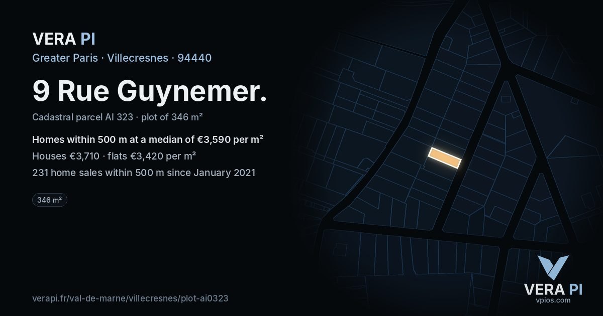 9 Rue Guynemer, Villecresnes at night – the plot lit, the parcels around coloured by the prices near them