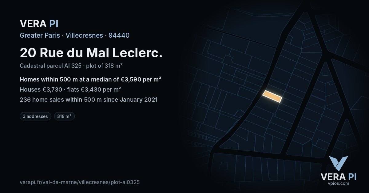 20 Rue du Mal Leclerc, Villecresnes at night – the plot lit, the parcels around coloured by the prices near them
