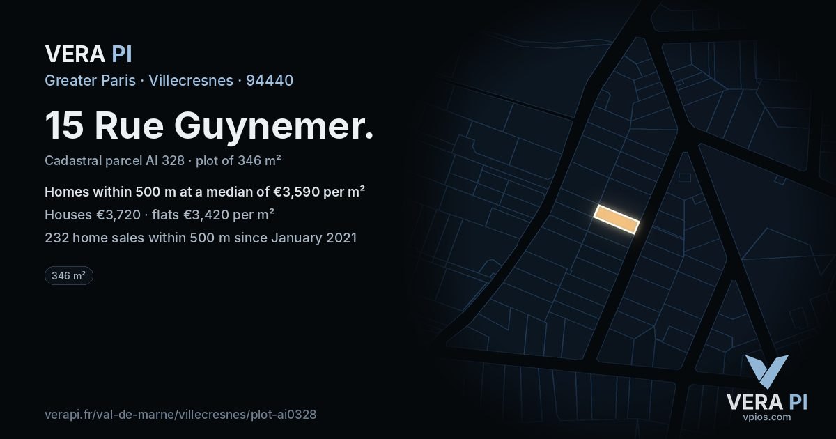15 Rue Guynemer, Villecresnes at night – the plot lit, the parcels around coloured by the prices near them