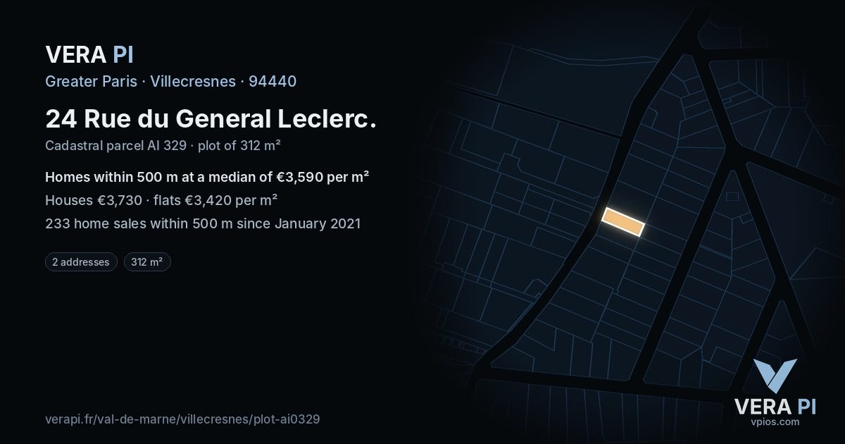 24 Rue du General Leclerc, Villecresnes at night – the plot lit, the parcels around coloured by the prices near them