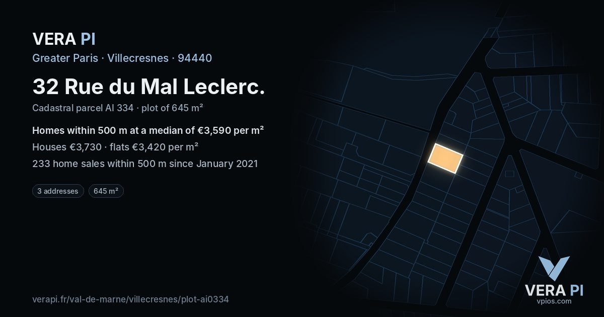 32 Rue du Mal Leclerc, Villecresnes at night – the plot lit, the parcels around coloured by the prices near them