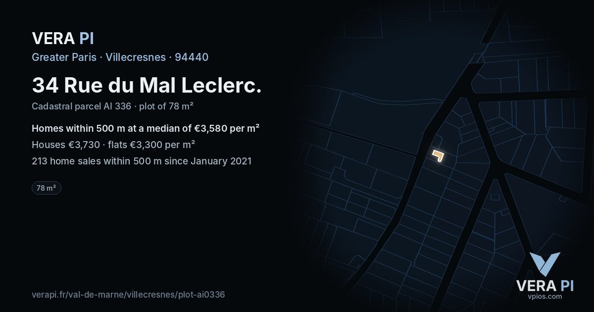 34 Rue du Mal Leclerc, Villecresnes at night – the plot lit, the parcels around coloured by the prices near them