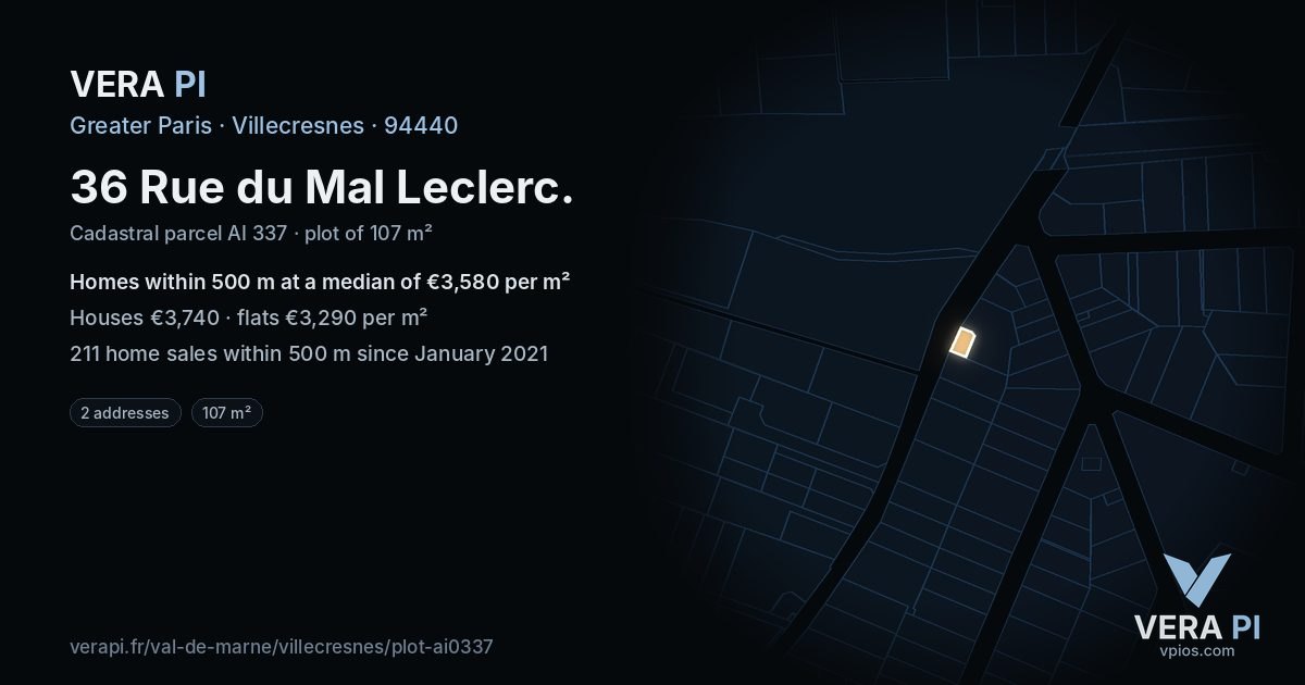 36 Rue du Mal Leclerc, Villecresnes at night – the plot lit, the parcels around coloured by the prices near them