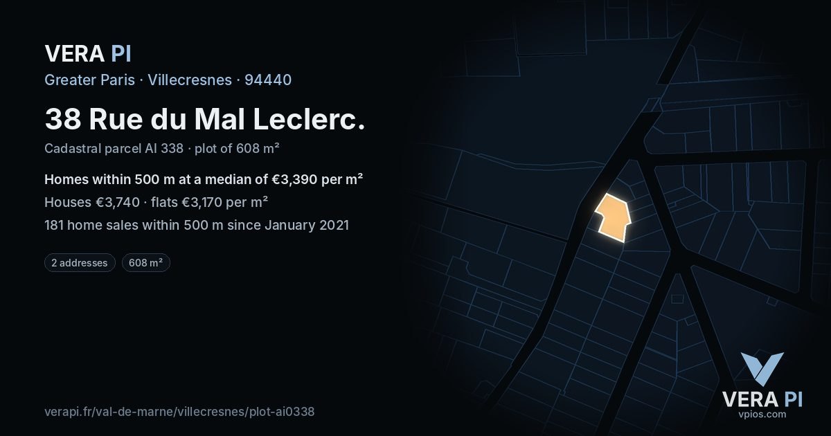 38 Rue du Mal Leclerc, Villecresnes at night – the plot lit, the parcels around coloured by the prices near them