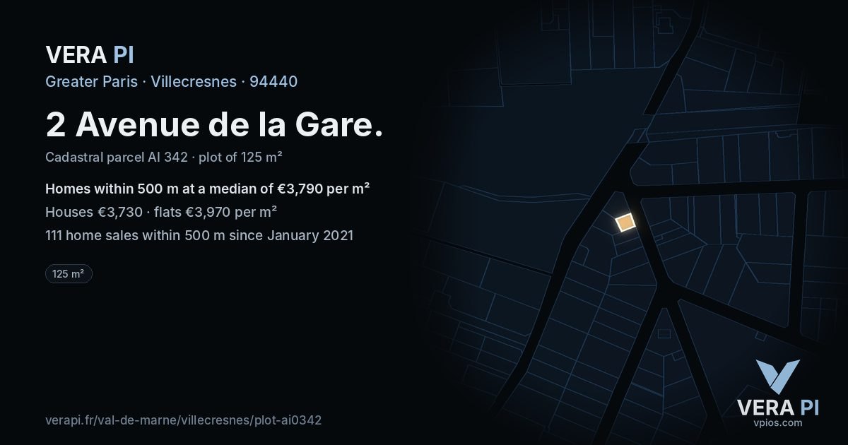 2 Avenue de la Gare, Villecresnes at night – the plot lit, the parcels around coloured by the prices near them