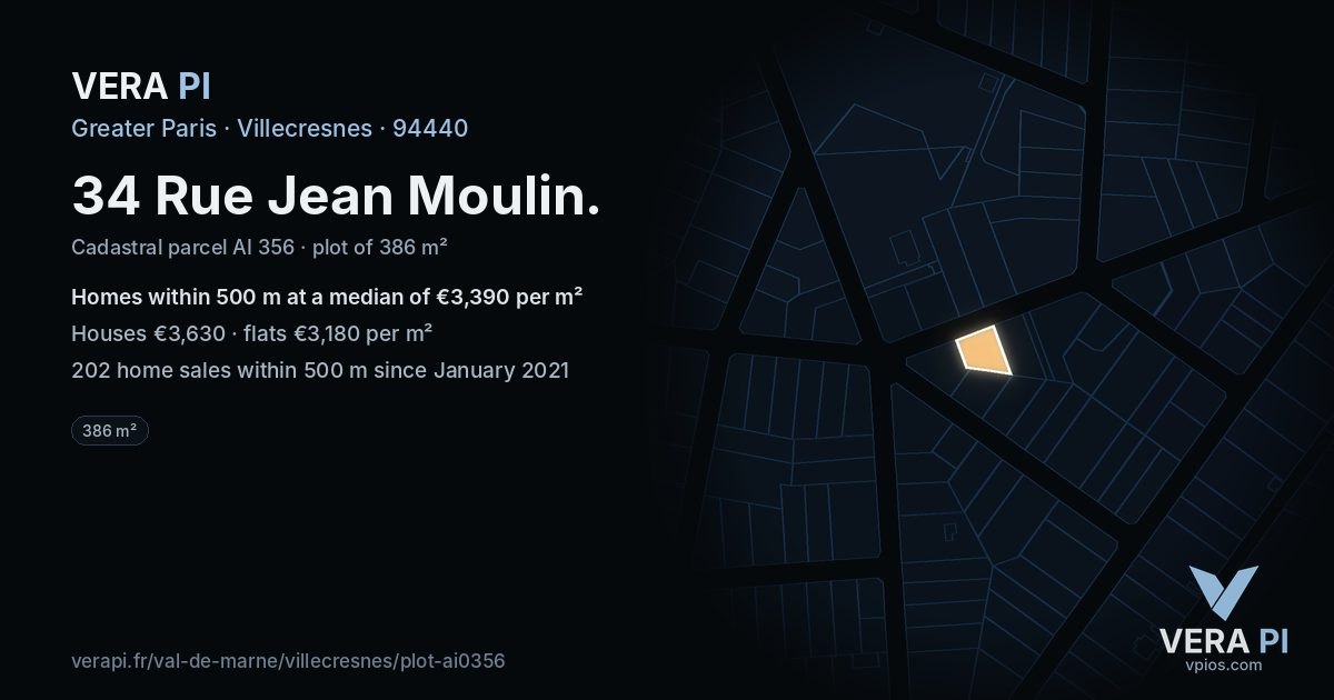 34 Rue Jean Moulin, Villecresnes at night – the plot lit, the parcels around coloured by the prices near them