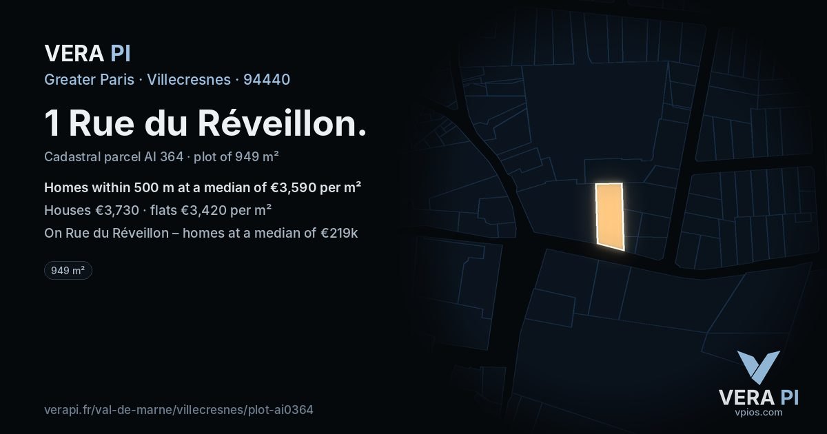 1 Rue du Réveillon, Villecresnes at night – the plot lit, the parcels around coloured by the prices near them