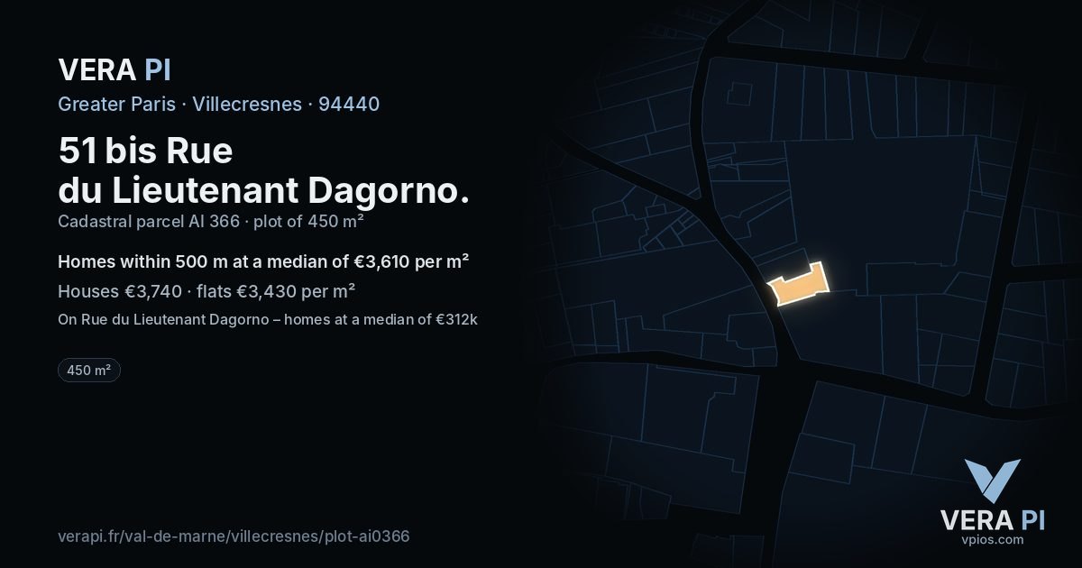 51 bis Rue du Lieutenant Dagorno, Villecresnes at night – the plot lit, the parcels around coloured by the prices near them