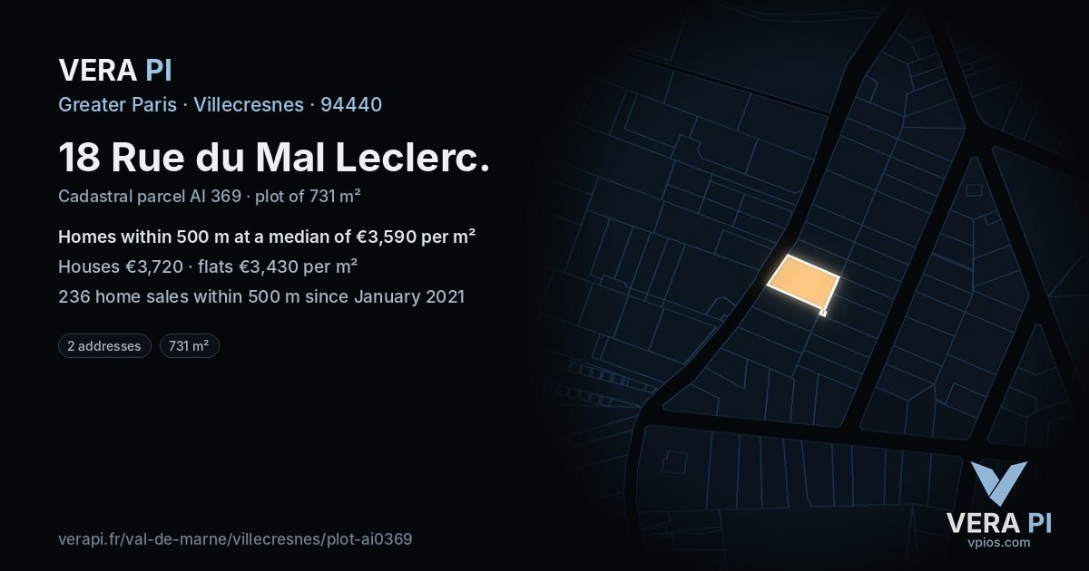 18 Rue du Mal Leclerc, Villecresnes at night – the plot lit, the parcels around coloured by the prices near them