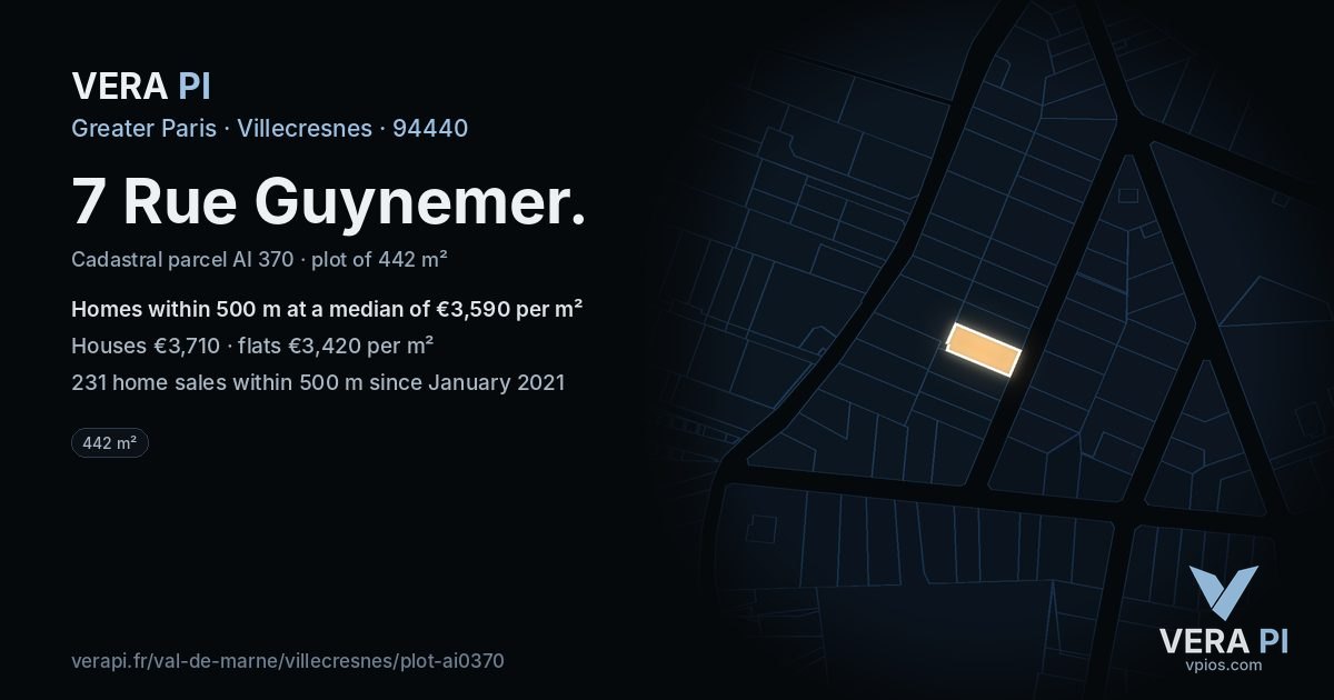 7 Rue Guynemer, Villecresnes at night – the plot lit, the parcels around coloured by the prices near them