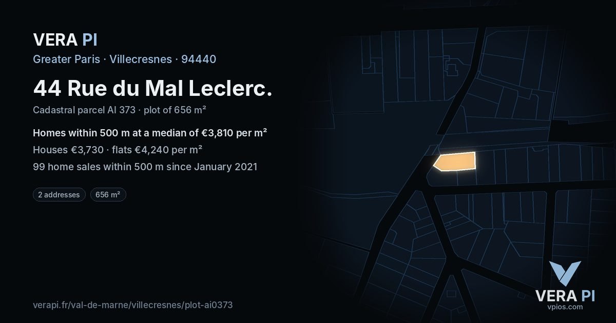44 Rue du Mal Leclerc, Villecresnes at night – the plot lit, the parcels around coloured by the prices near them