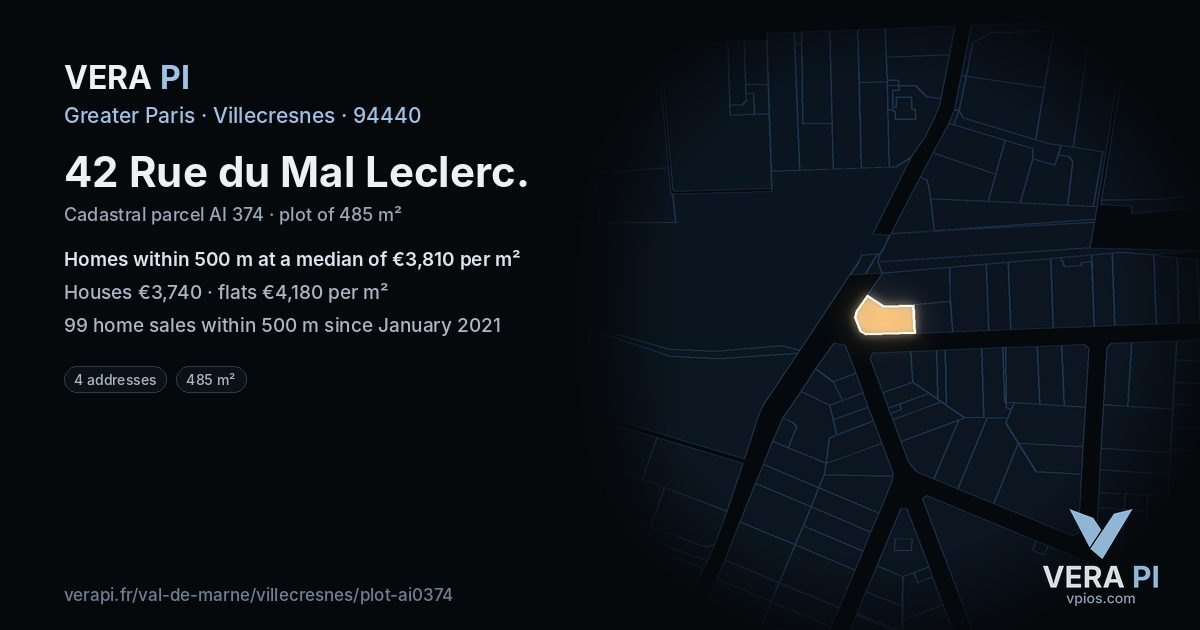 42 Rue du Mal Leclerc, Villecresnes at night – the plot lit, the parcels around coloured by the prices near them