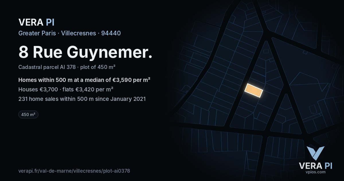 8 Rue Guynemer, Villecresnes at night – the plot lit, the parcels around coloured by the prices near them