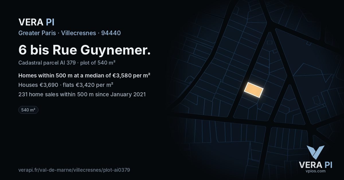 6 bis Rue Guynemer, Villecresnes at night – the plot lit, the parcels around coloured by the prices near them