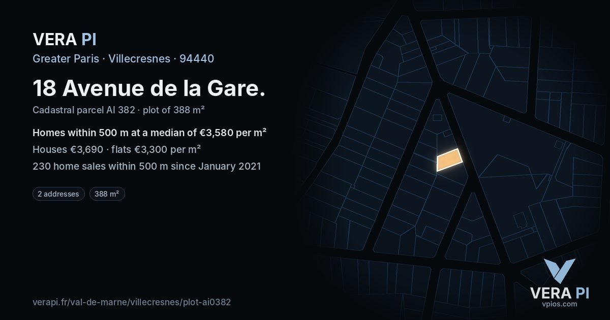 18 Avenue de la Gare, Villecresnes at night – the plot lit, the parcels around coloured by the prices near them