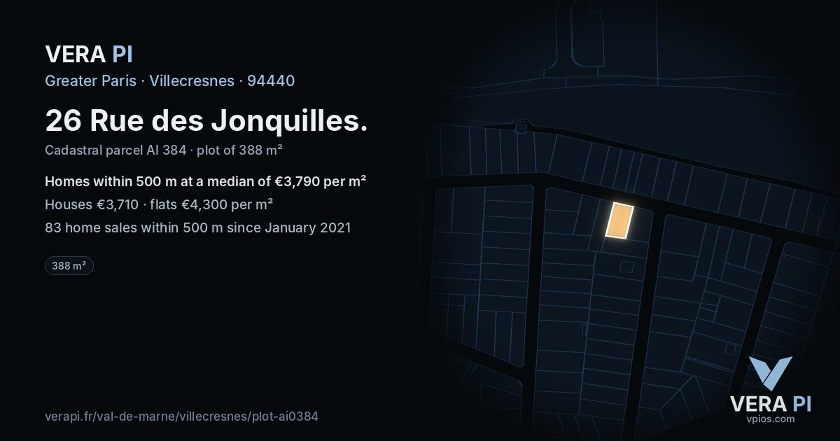26 Rue des Jonquilles, Villecresnes at night – the plot lit, the parcels around coloured by the prices near them