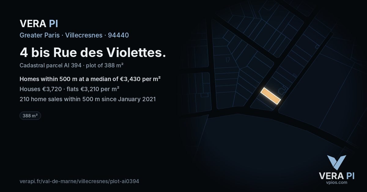 4 bis Rue des Violettes, Villecresnes at night – the plot lit, the parcels around coloured by the prices near them