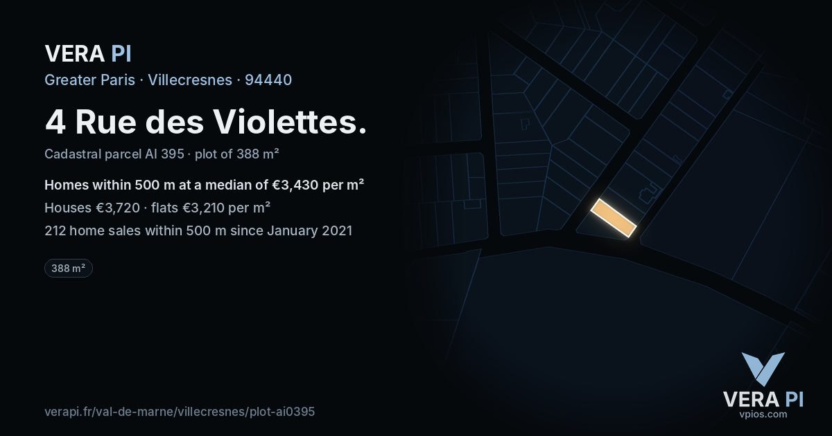 4 Rue des Violettes, Villecresnes at night – the plot lit, the parcels around coloured by the prices near them