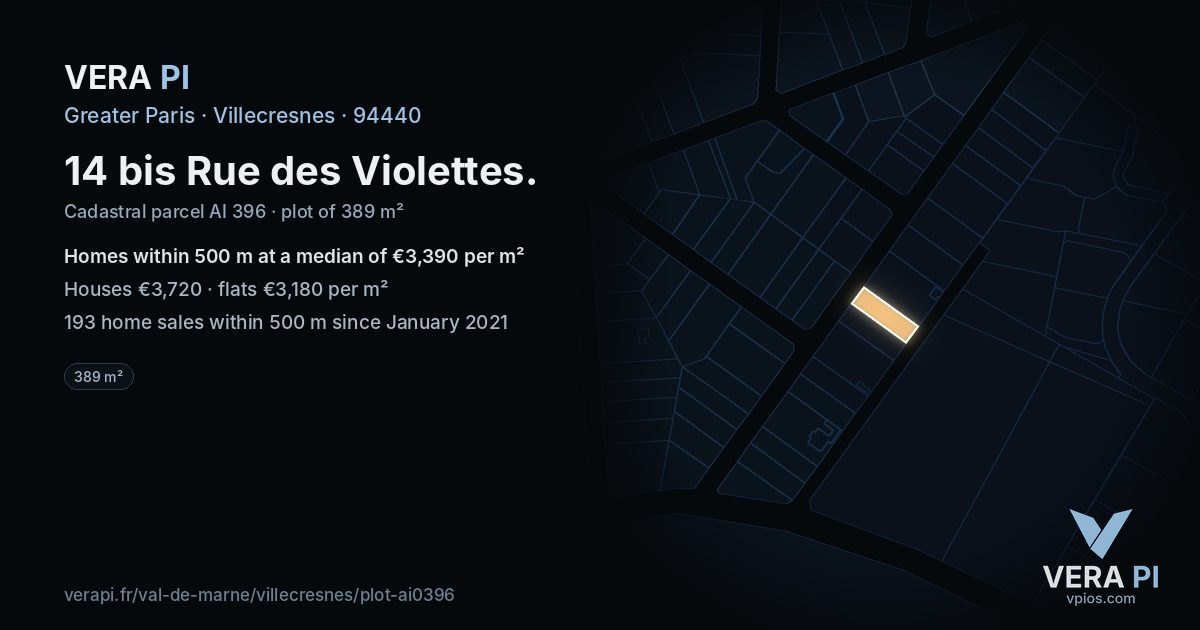 14 bis Rue des Violettes, Villecresnes at night – the plot lit, the parcels around coloured by the prices near them